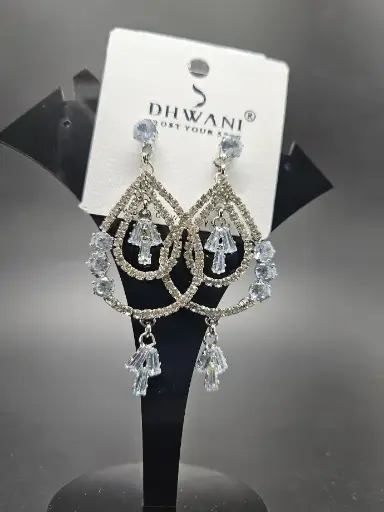 [IX2400730] Earring 2 Layer Diamond Stone Water Drop Design Silver