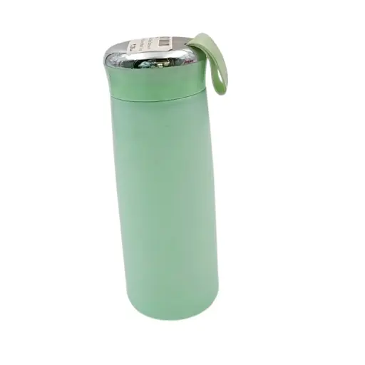[IX2402533] 400ml Glass Water Bottle with Rubber Wrap Curved Steel Top 17.5x6.5cm