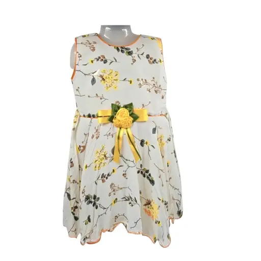 [IX2403631] Rich Baby Off White Soft Cotton Frock With Floral Printing