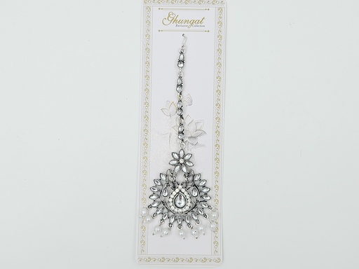 [IX2405507] Ghungat Heavy Round Silver Stone Bridal Chutty With Attached White Beads