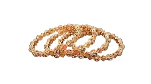 [IX2500436] Kids Rose Gold Stone Bangle With Pink & Green Stone Square 