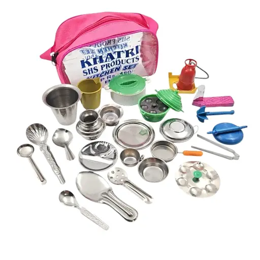[IX2500669] Steel Kitchen Set Toys in Plastic Hand Bag Big Pack Of 26