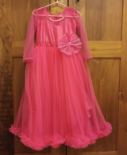 [IX000556] Full Length Full Sleeve Pink Fabric Net Frock