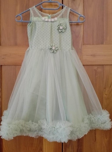 [IX000557] Full Length Sleeve Less Light Green Fabric Net Frock