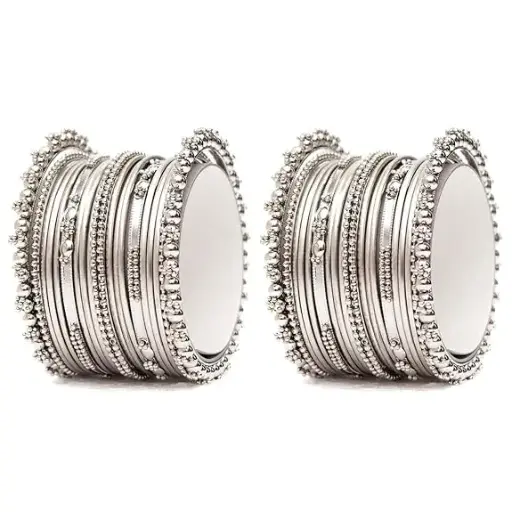 [IX2502598] Silver Plain Metal Bangle With Three Silver Beads Set Of 12