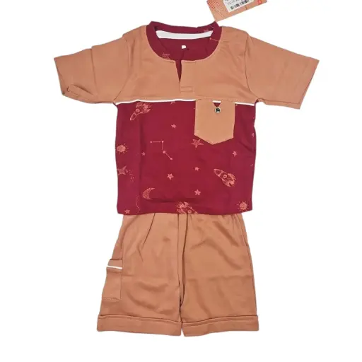 [IX2504100] Briller Open Neck Boys Double Color Shirt & Shorts Set Large