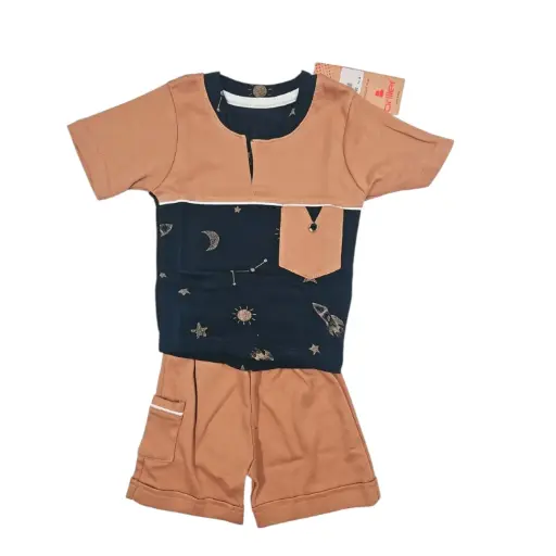 [IX2504060] Briller Open Neck Boys Double Color Shirt & Shorts Set Medium