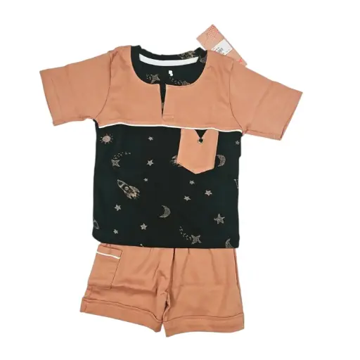 [IX2504062] Briller Open Neck Boys Double Color Shirt & Shorts Set XL
