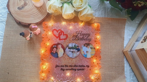 [IX001585] Happy Birthday Resin Transparent Frame with LED golden lights with Photo